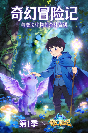动漫《奇幻冒险记》海报，主角与魔法生物在森林中