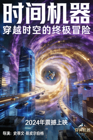 科幻电影《时间机器》海报，展示未来城市与时间漩涡
