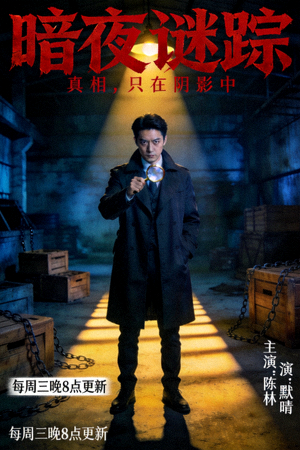悬疑剧《暗夜谜踪》海报，昏暗灯光下的侦探主角